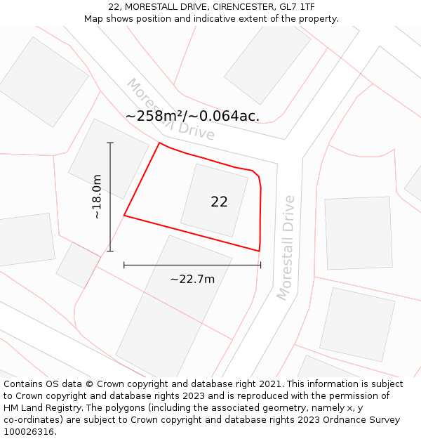 22, MORESTALL DRIVE, CIRENCESTER, GL7 1TF: Plot and title map