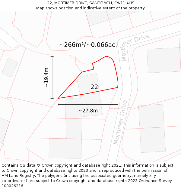 22, MORTIMER DRIVE, SANDBACH, CW11 4HS: Plot and title map