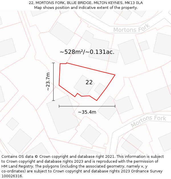 22, MORTONS FORK, BLUE BRIDGE, MILTON KEYNES, MK13 0LA: Plot and title map