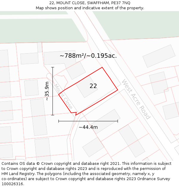 22, MOUNT CLOSE, SWAFFHAM, PE37 7NQ: Plot and title map