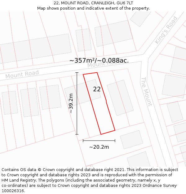 22, MOUNT ROAD, CRANLEIGH, GU6 7LT: Plot and title map