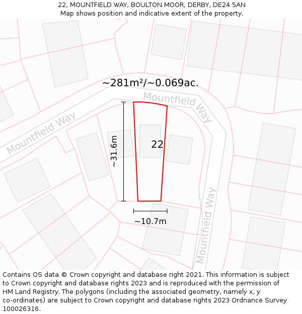 22, MOUNTFIELD WAY, BOULTON MOOR, DERBY, DE24 5AN: Plot and title map