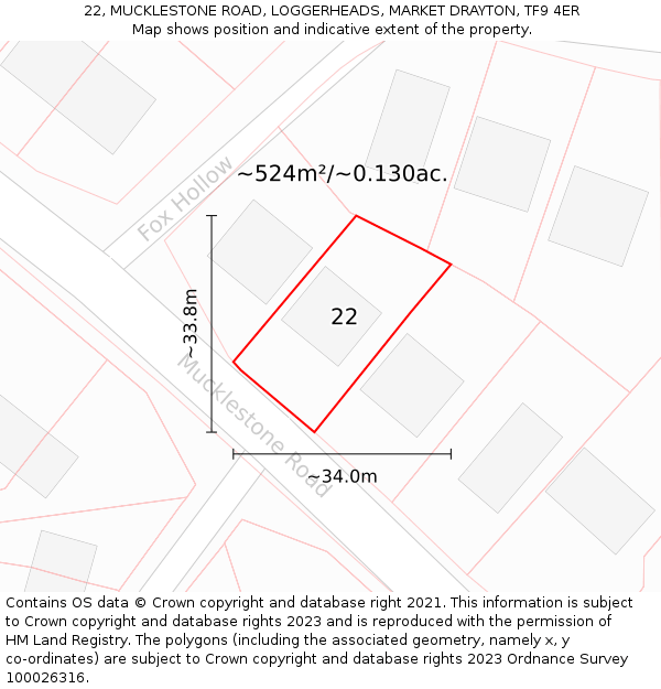 22, MUCKLESTONE ROAD, LOGGERHEADS, MARKET DRAYTON, TF9 4ER: Plot and title map