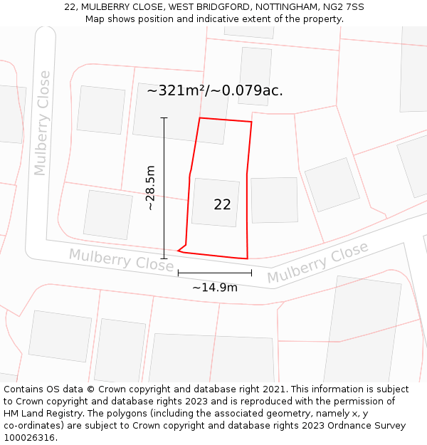 22, MULBERRY CLOSE, WEST BRIDGFORD, NOTTINGHAM, NG2 7SS: Plot and title map