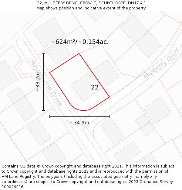 22, MULBERRY DRIVE, CROWLE, SCUNTHORPE, DN17 4JF: Plot and title map