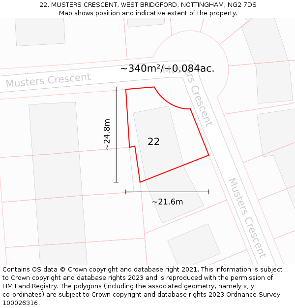 22, MUSTERS CRESCENT, WEST BRIDGFORD, NOTTINGHAM, NG2 7DS: Plot and title map