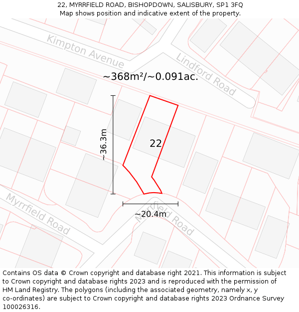 22, MYRRFIELD ROAD, BISHOPDOWN, SALISBURY, SP1 3FQ: Plot and title map
