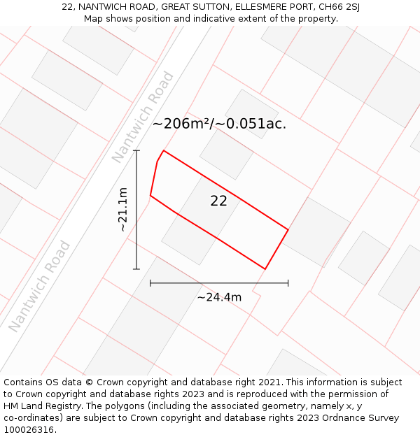 22, NANTWICH ROAD, GREAT SUTTON, ELLESMERE PORT, CH66 2SJ: Plot and title map