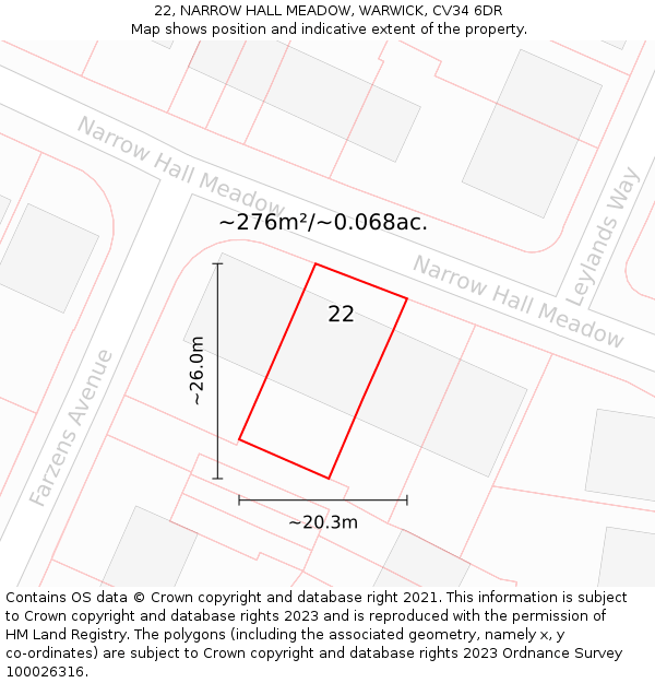 22, NARROW HALL MEADOW, WARWICK, CV34 6DR: Plot and title map
