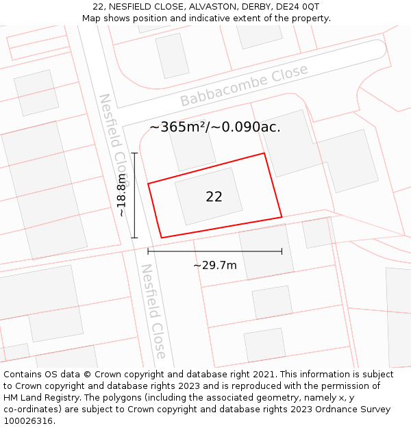 22, NESFIELD CLOSE, ALVASTON, DERBY, DE24 0QT: Plot and title map