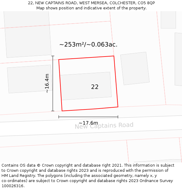 22, NEW CAPTAINS ROAD, WEST MERSEA, COLCHESTER, CO5 8QP: Plot and title map