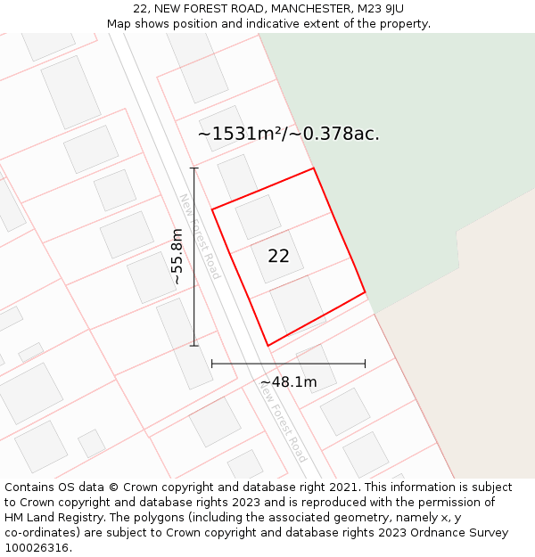 22, NEW FOREST ROAD, MANCHESTER, M23 9JU: Plot and title map