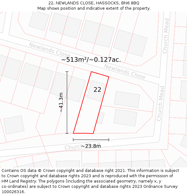 22, NEWLANDS CLOSE, HASSOCKS, BN6 8BQ: Plot and title map