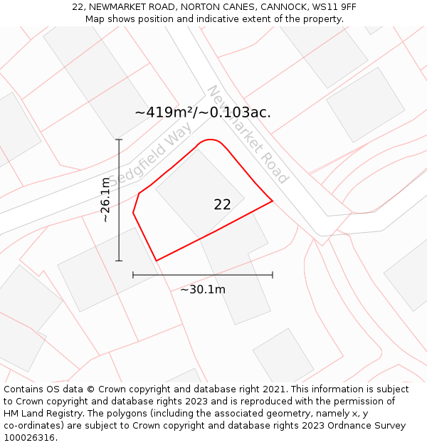 22, NEWMARKET ROAD, NORTON CANES, CANNOCK, WS11 9FF: Plot and title map