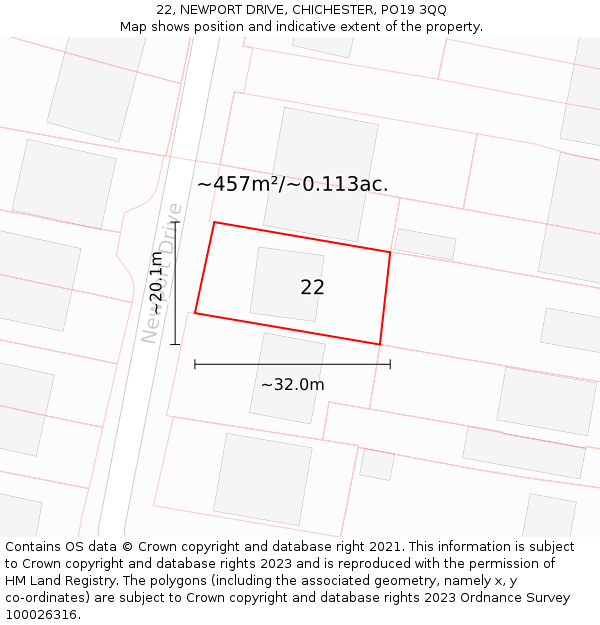 22, NEWPORT DRIVE, CHICHESTER, PO19 3QQ: Plot and title map