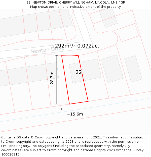 22, NEWTON DRIVE, CHERRY WILLINGHAM, LINCOLN, LN3 4GP: Plot and title map