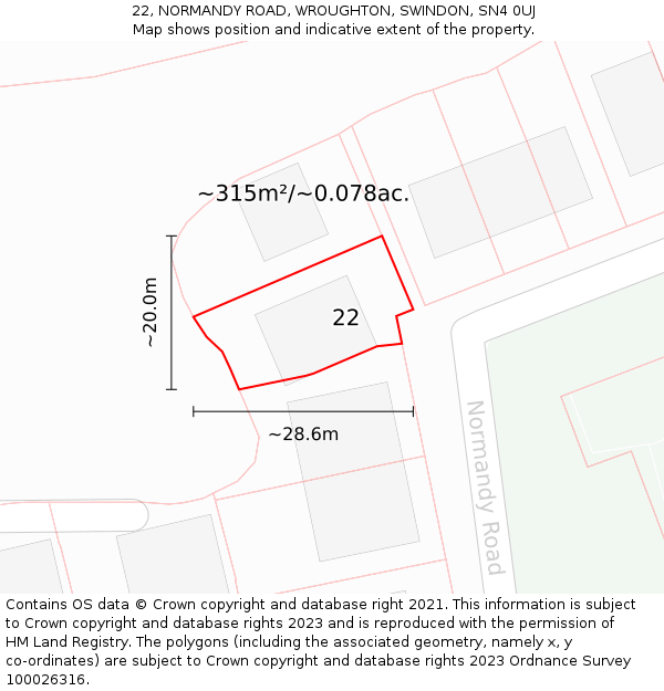 22, NORMANDY ROAD, WROUGHTON, SWINDON, SN4 0UJ: Plot and title map