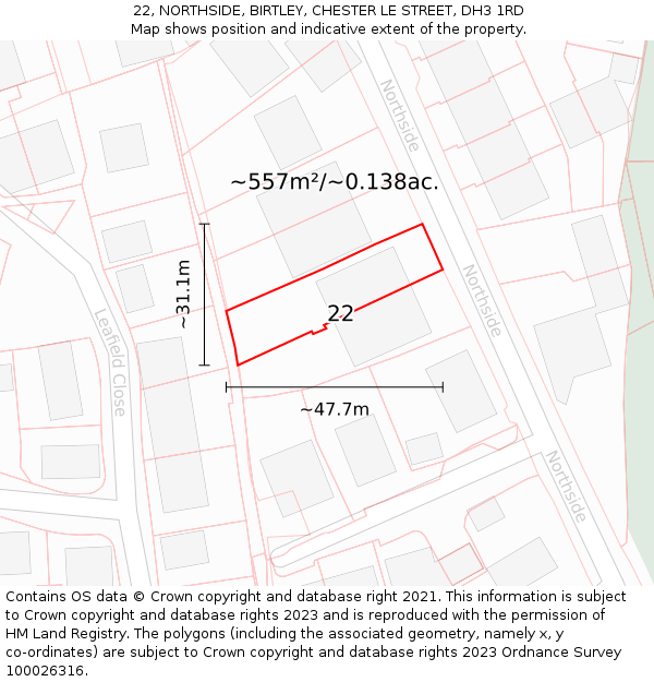 22, NORTHSIDE, BIRTLEY, CHESTER LE STREET, DH3 1RD: Plot and title map