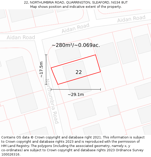 22, NORTHUMBRIA ROAD, QUARRINGTON, SLEAFORD, NG34 8UT: Plot and title map