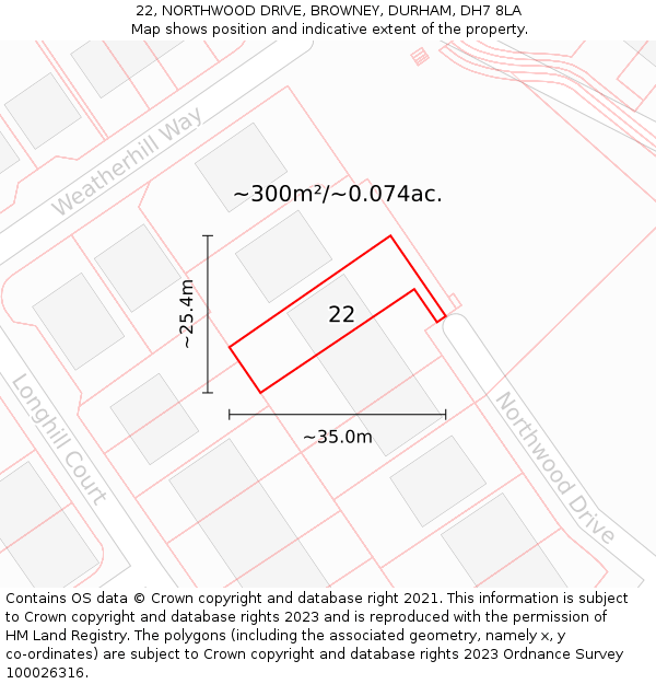 22, NORTHWOOD DRIVE, BROWNEY, DURHAM, DH7 8LA: Plot and title map