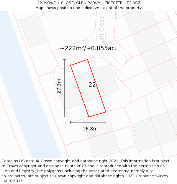 22, NOWELL CLOSE, GLEN PARVA, LEICESTER, LE2 9SZ: Plot and title map