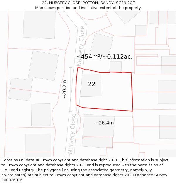 22, NURSERY CLOSE, POTTON, SANDY, SG19 2QE: Plot and title map