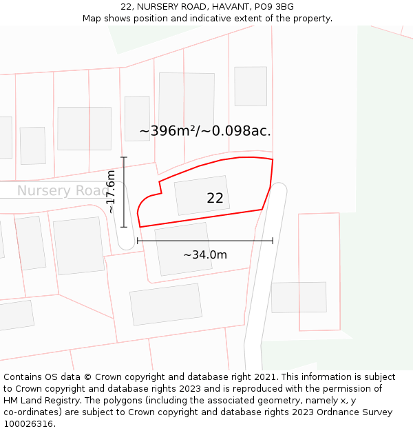 22, NURSERY ROAD, HAVANT, PO9 3BG: Plot and title map