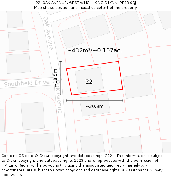 22, OAK AVENUE, WEST WINCH, KING'S LYNN, PE33 0QJ: Plot and title map