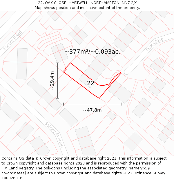 22, OAK CLOSE, HARTWELL, NORTHAMPTON, NN7 2JX: Plot and title map