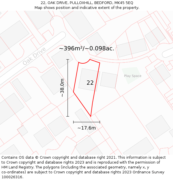 22, OAK DRIVE, PULLOXHILL, BEDFORD, MK45 5EQ: Plot and title map