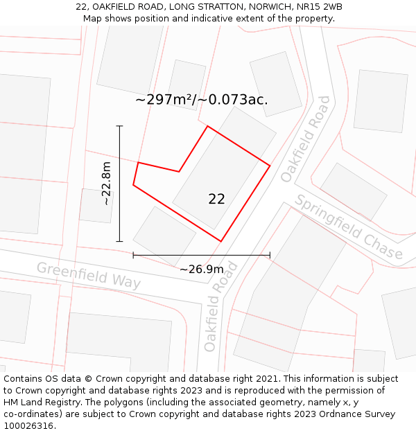 22, OAKFIELD ROAD, LONG STRATTON, NORWICH, NR15 2WB: Plot and title map