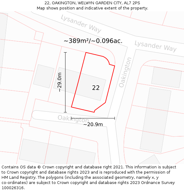 22, OAKINGTON, WELWYN GARDEN CITY, AL7 2PS: Plot and title map