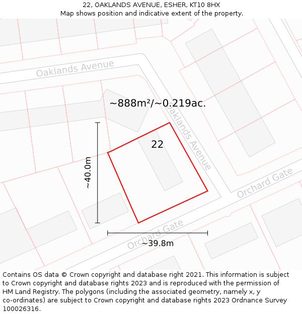 22, OAKLANDS AVENUE, ESHER, KT10 8HX: Plot and title map