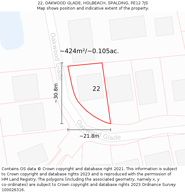 22, OAKWOOD GLADE, HOLBEACH, SPALDING, PE12 7JS: Plot and title map
