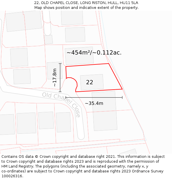22, OLD CHAPEL CLOSE, LONG RISTON, HULL, HU11 5LA: Plot and title map