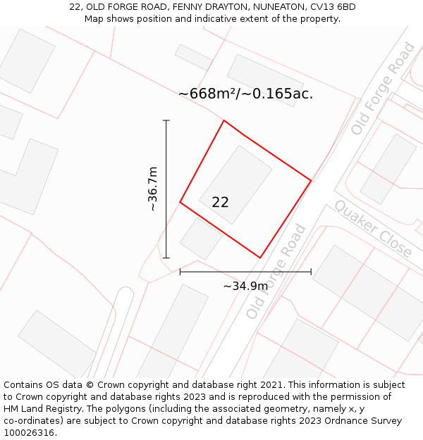 22, OLD FORGE ROAD, FENNY DRAYTON, NUNEATON, CV13 6BD: Plot and title map