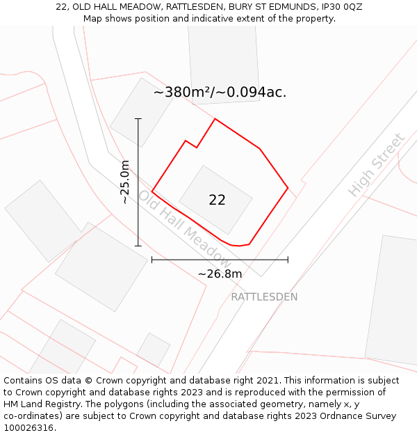 22, OLD HALL MEADOW, RATTLESDEN, BURY ST EDMUNDS, IP30 0QZ: Plot and title map