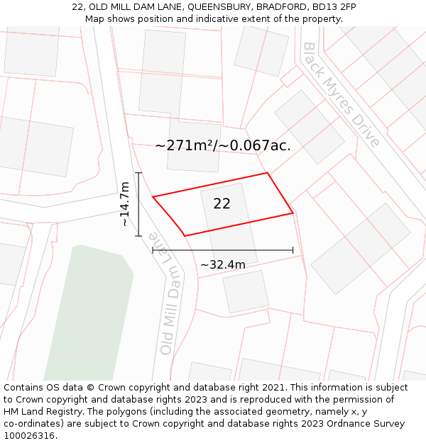 22, OLD MILL DAM LANE, QUEENSBURY, BRADFORD, BD13 2FP: Plot and title map