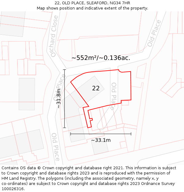 22, OLD PLACE, SLEAFORD, NG34 7HR: Plot and title map