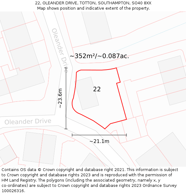 22, OLEANDER DRIVE, TOTTON, SOUTHAMPTON, SO40 8XX: Plot and title map