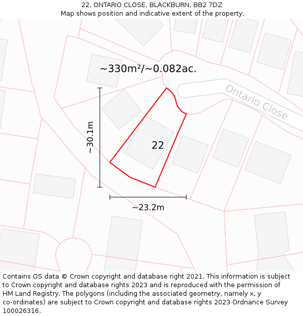 22, ONTARIO CLOSE, BLACKBURN, BB2 7DZ: Plot and title map