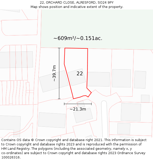 22, ORCHARD CLOSE, ALRESFORD, SO24 9PY: Plot and title map