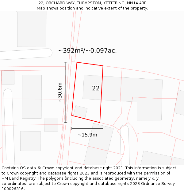 22, ORCHARD WAY, THRAPSTON, KETTERING, NN14 4RE: Plot and title map