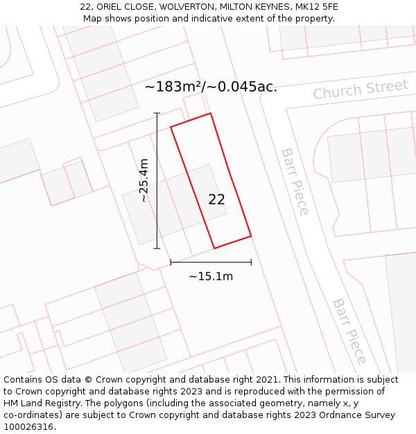 22, ORIEL CLOSE, WOLVERTON, MILTON KEYNES, MK12 5FE: Plot and title map