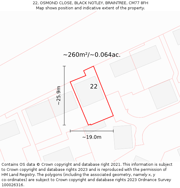 22, OSMOND CLOSE, BLACK NOTLEY, BRAINTREE, CM77 8FH: Plot and title map