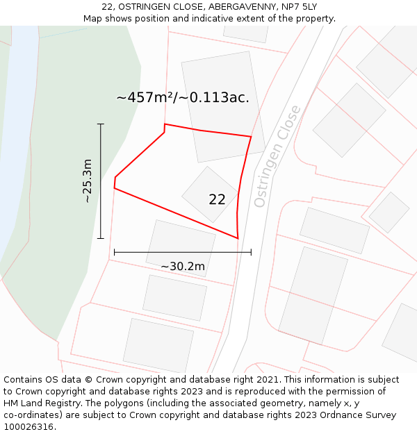 22, OSTRINGEN CLOSE, ABERGAVENNY, NP7 5LY: Plot and title map