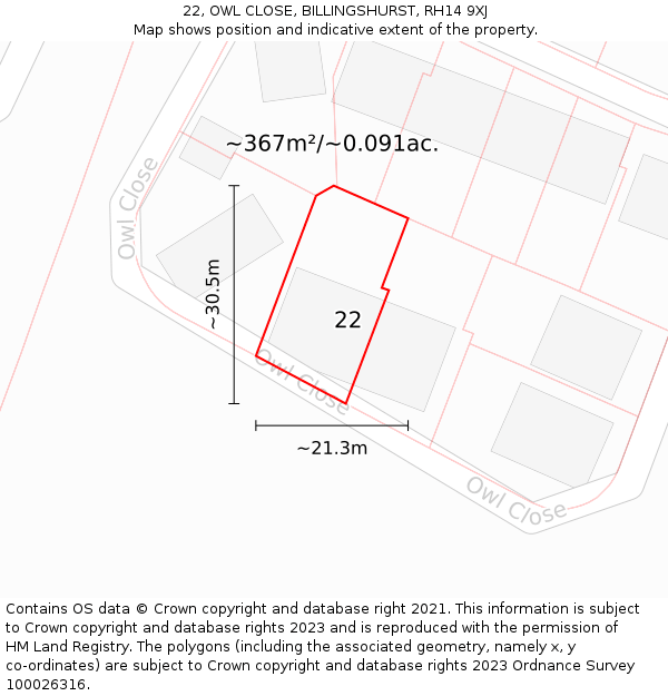 22, OWL CLOSE, BILLINGSHURST, RH14 9XJ: Plot and title map