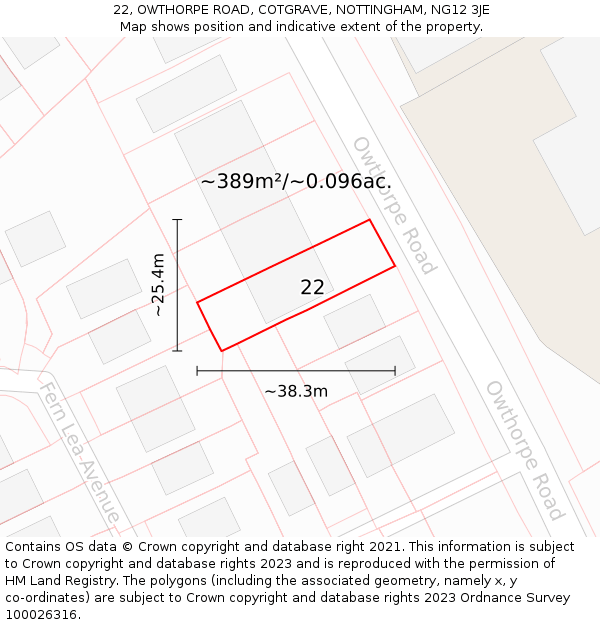 22, OWTHORPE ROAD, COTGRAVE, NOTTINGHAM, NG12 3JE: Plot and title map