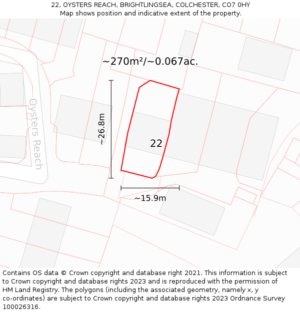 22, OYSTERS REACH, BRIGHTLINGSEA, COLCHESTER, CO7 0HY: Plot and title map