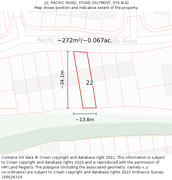 22, PACIFIC ROAD, STOKE-ON-TRENT, ST4 8UD: Plot and title map